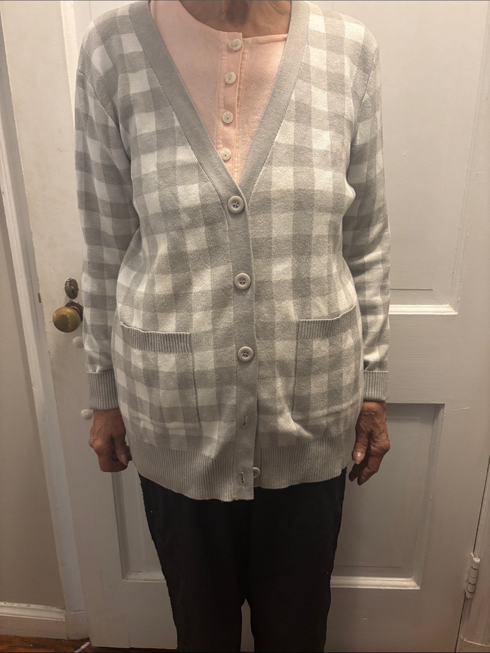 Sioni Gray and White Check V-Neck Button Cardigan